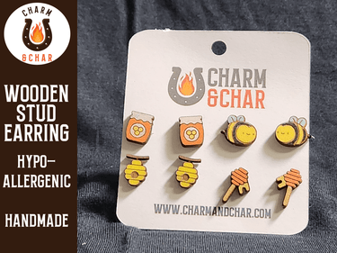 Bee Wood Stud Earrings - Beekeeper Fashion Earring Set - Stud Earring - Charm and Char
